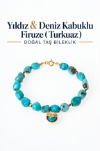 Yıldız & Deniz Kabuklu Gümüş Aparatlı Firuze (Turkuaz) Bileklik
