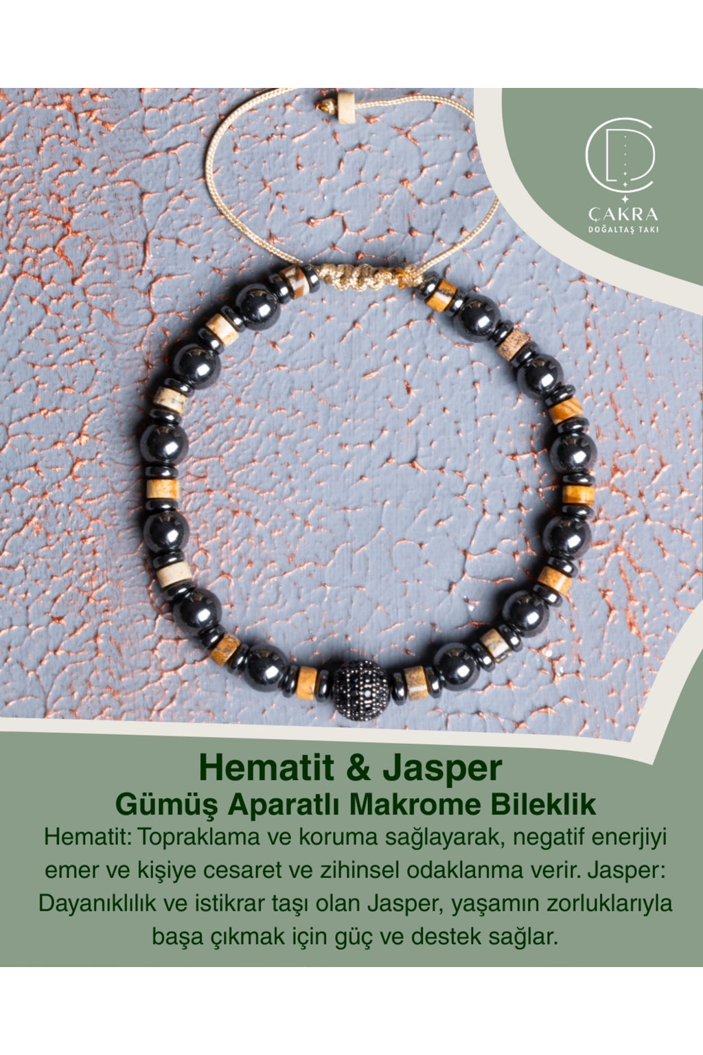 Hematit & Jasper Gümüş Aparatlı Makrome Bileklik — görsel 1