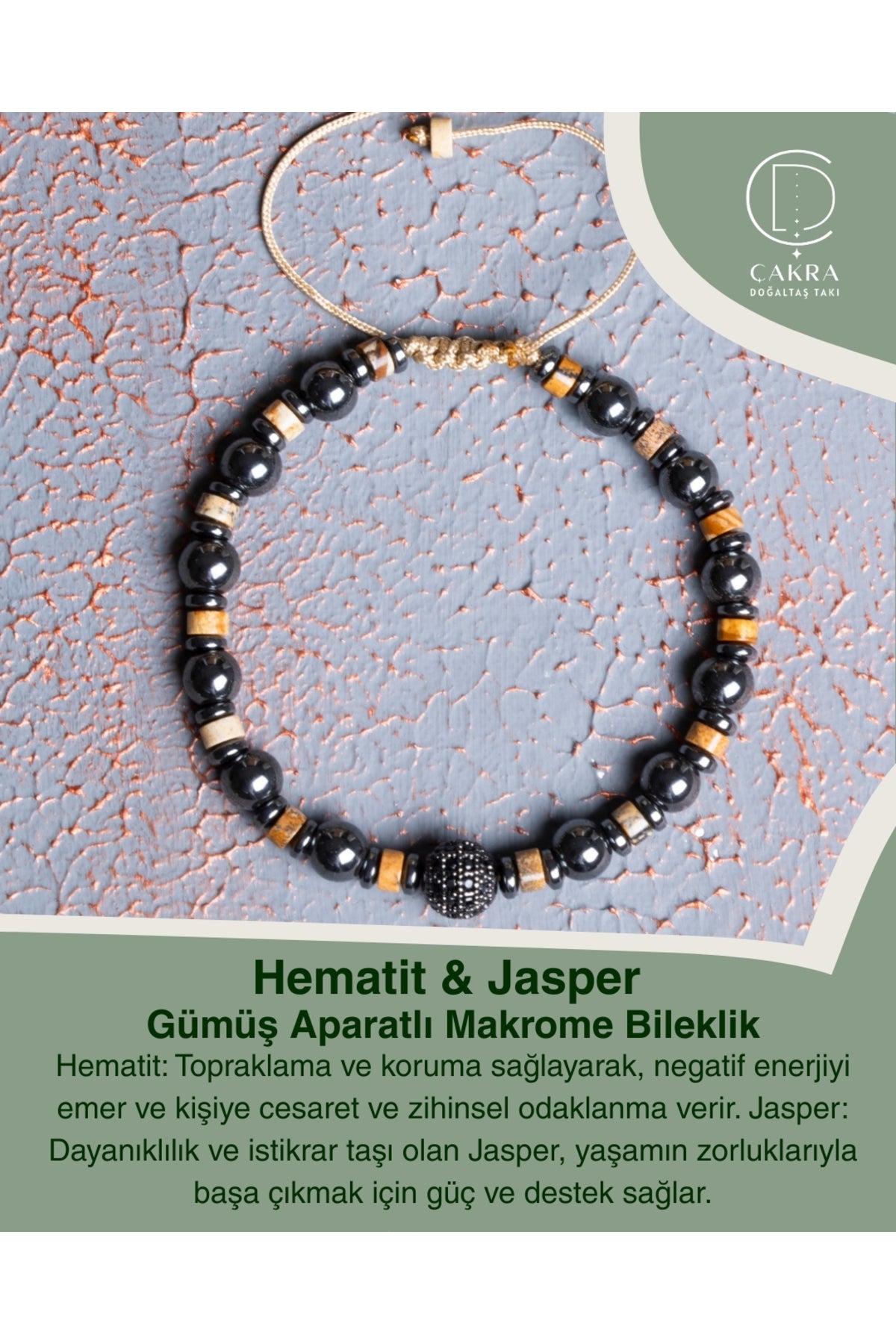 Hematit & Jasper Gümüş Aparatlı Makrome Bileklik — görsel 1