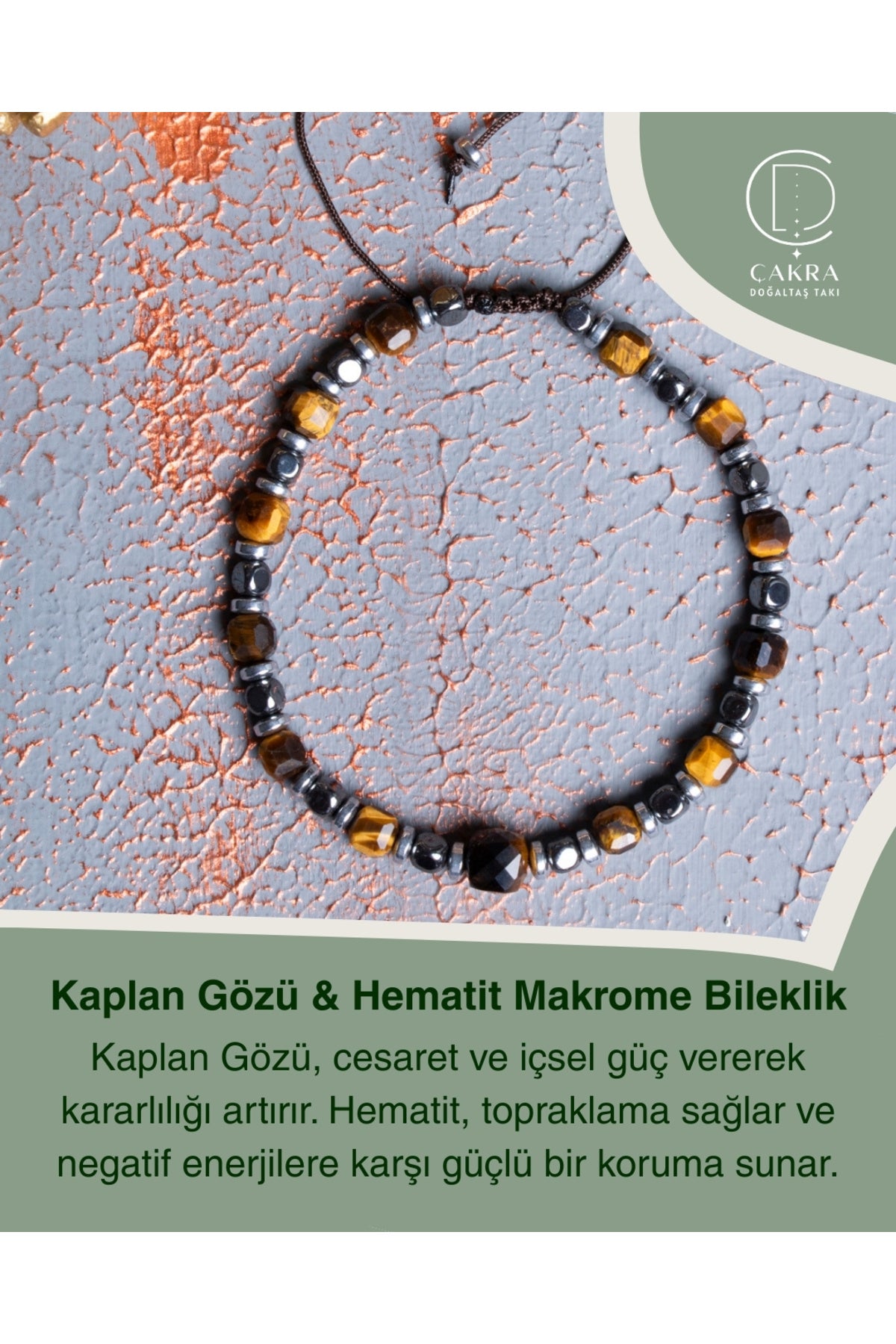 Kaplan Gözü & Hematit Makrome Bileklik — görsel 1
