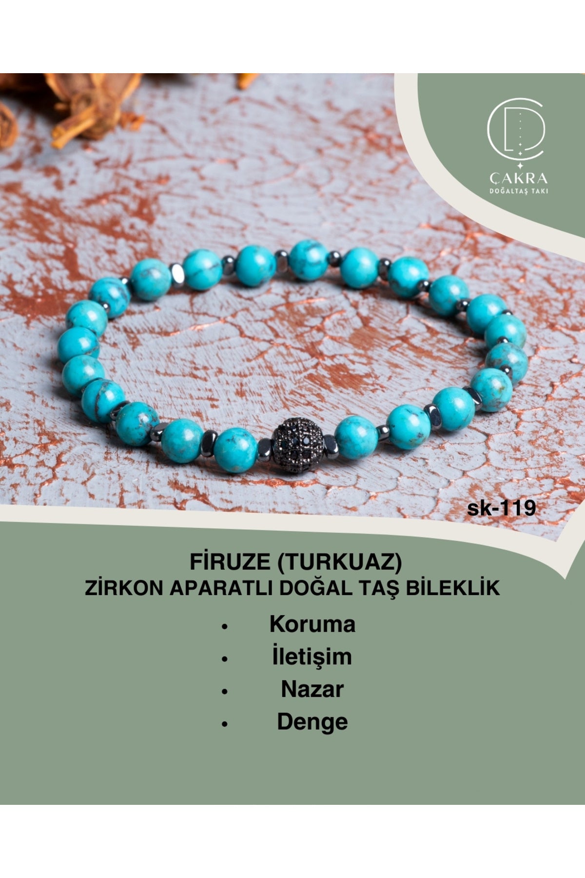 Firuze (Turkuaz) Zirkon Aparatlı Doğal Taş bileklik — görsel 1