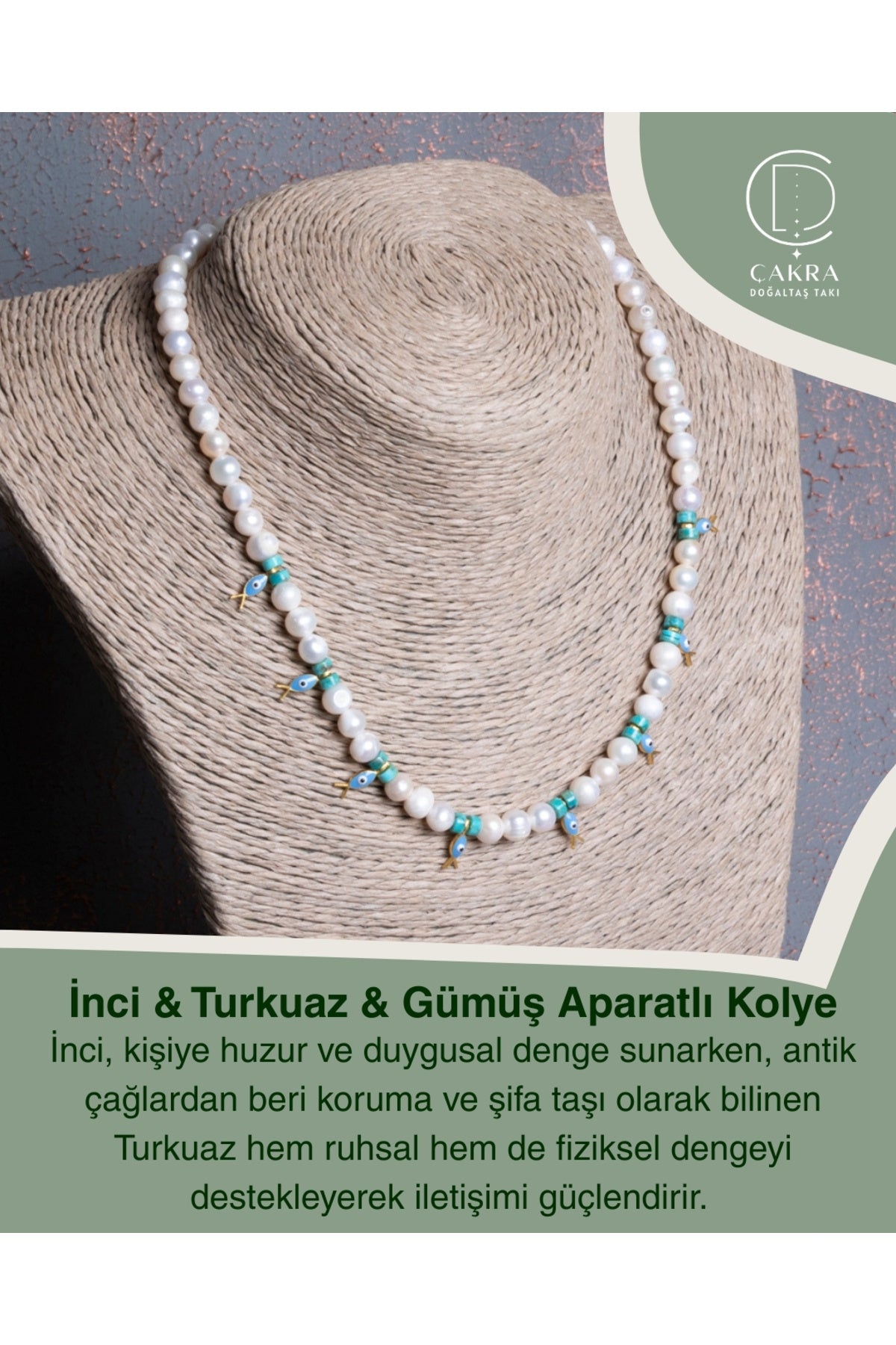 İnci & Turkuaz & Gümüş Aparatlı Kolye — görsel 1