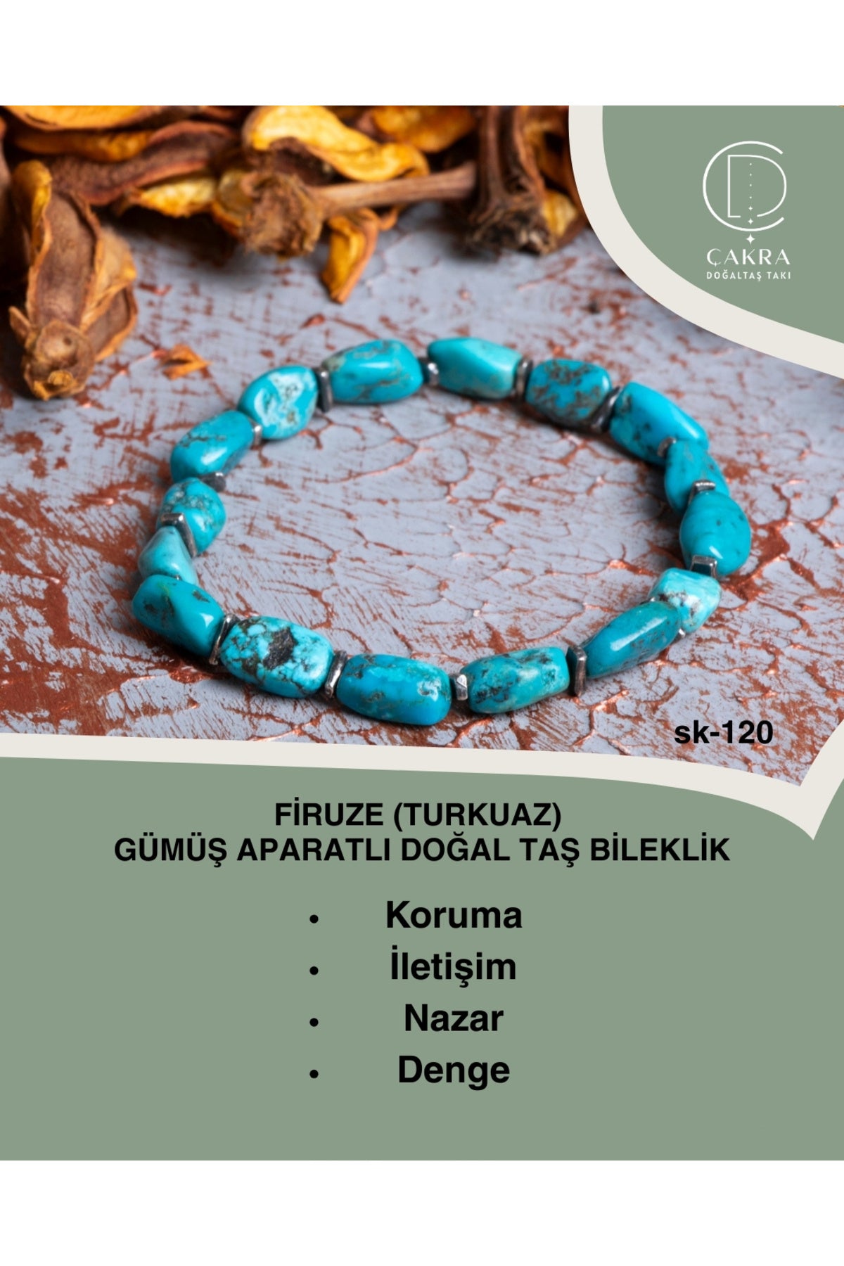 Firuze (Turkuaz) Gümüş Aparatlı Doğal Taş bileklik — görsel 1