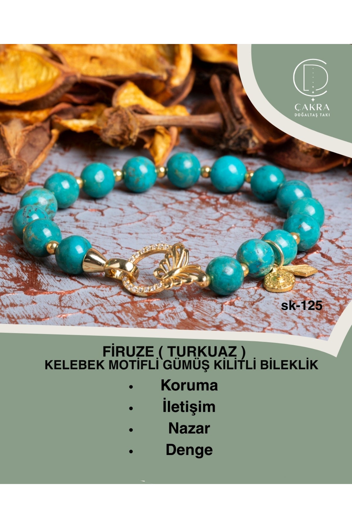 Firuze (Turkuaz) Kelebek Motifli Gümüş Kilitli Bileklik — görsel 1