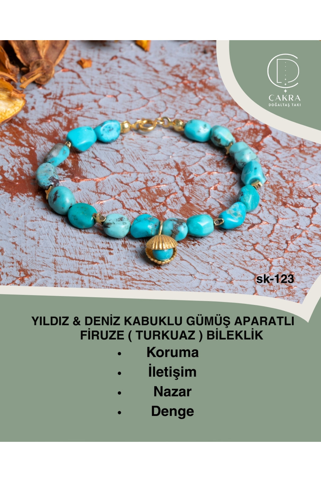Yıldız & Deniz Kabuklu Gümüş Aparatlı Firuze (Turkuaz) Bileklik — görsel 1