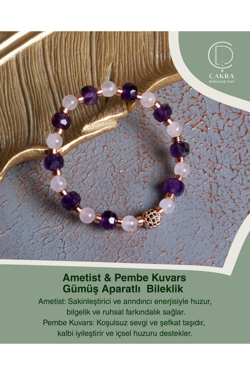 Ametist & Pembe Kuvars Gümüş Aparatlı Bileklik — görsel 1