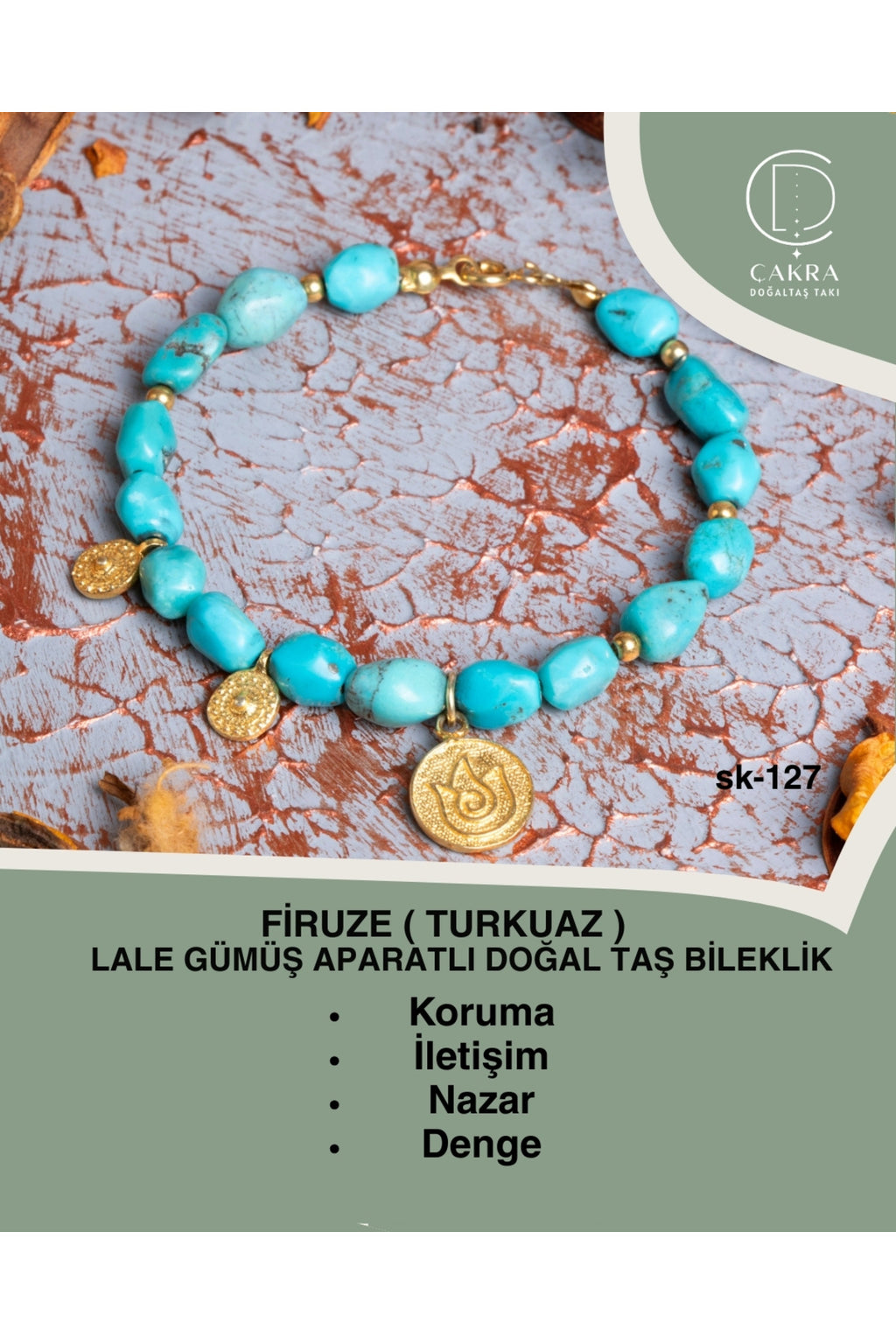 Firuze (Turkuaz) Lale Gümüş Aparatlı Doğal Taş Bileklik — görsel 1