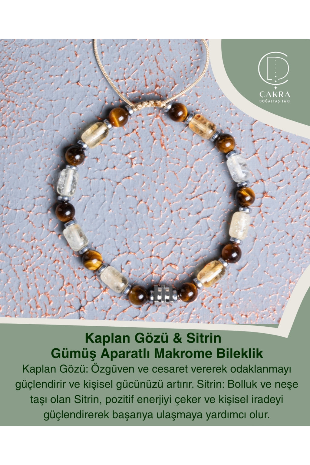 Kaplan Gözü & Sitrin Gümüş Aparatlı Makrome Bileklik — görsel 1