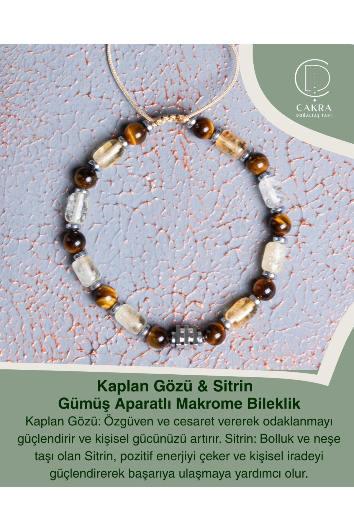 Kaplan Gözü & Sitrin Gümüş Aparatlı Makrome Bileklik — görsel 1