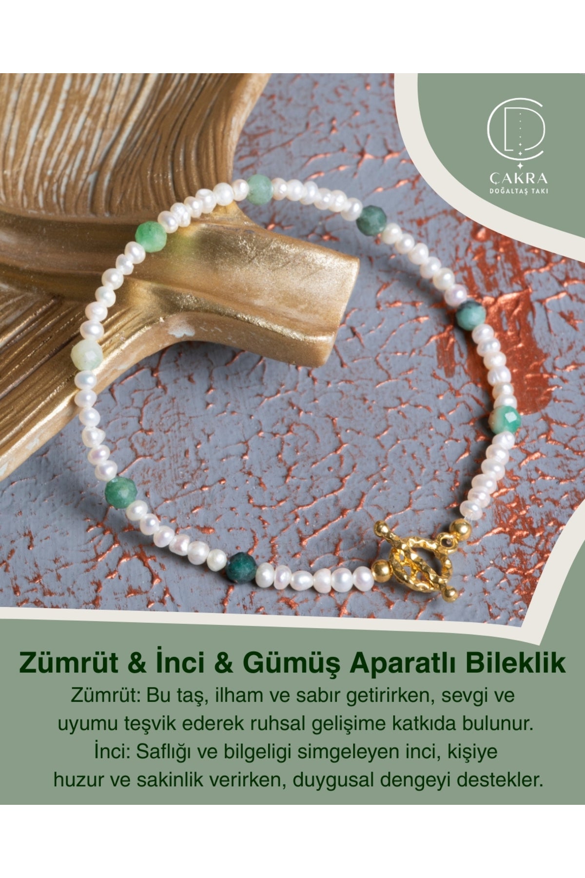 Zümrüt & İnci & Gümüş Aparatlı Bileklik — görsel 1