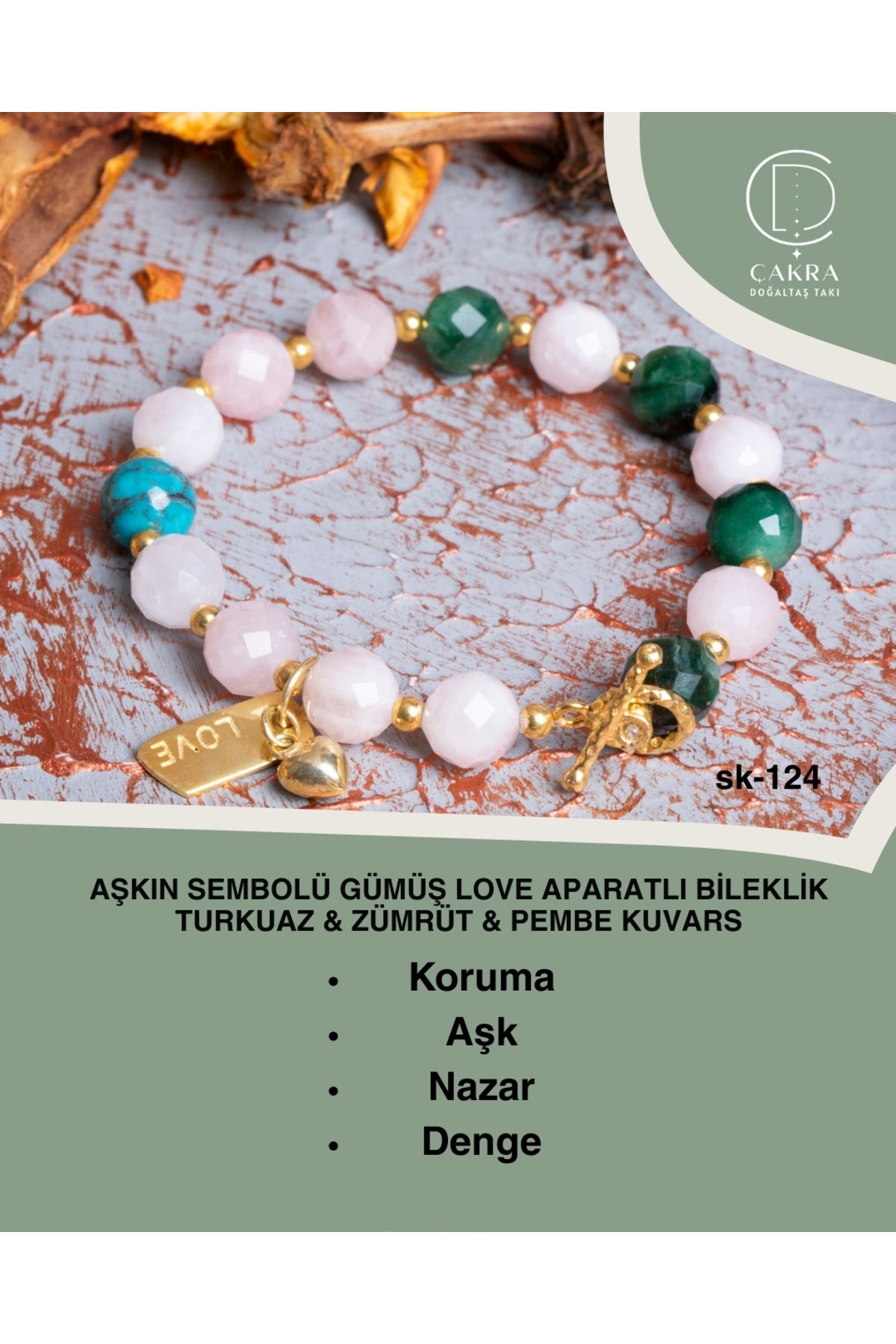 Aşkın Sembolü Gümüş Love Aparatlı Bileklik Turkuaz & Zümrüt & Pembe Kuvars — görsel 1