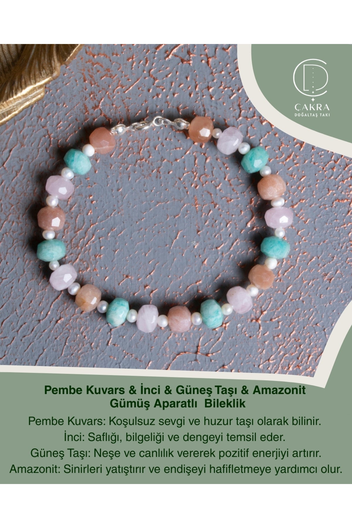Pembe Kuvars & İnci & Güneş Taşı & Amazonit Gümüş Aparatlı Bileklik — görsel 1