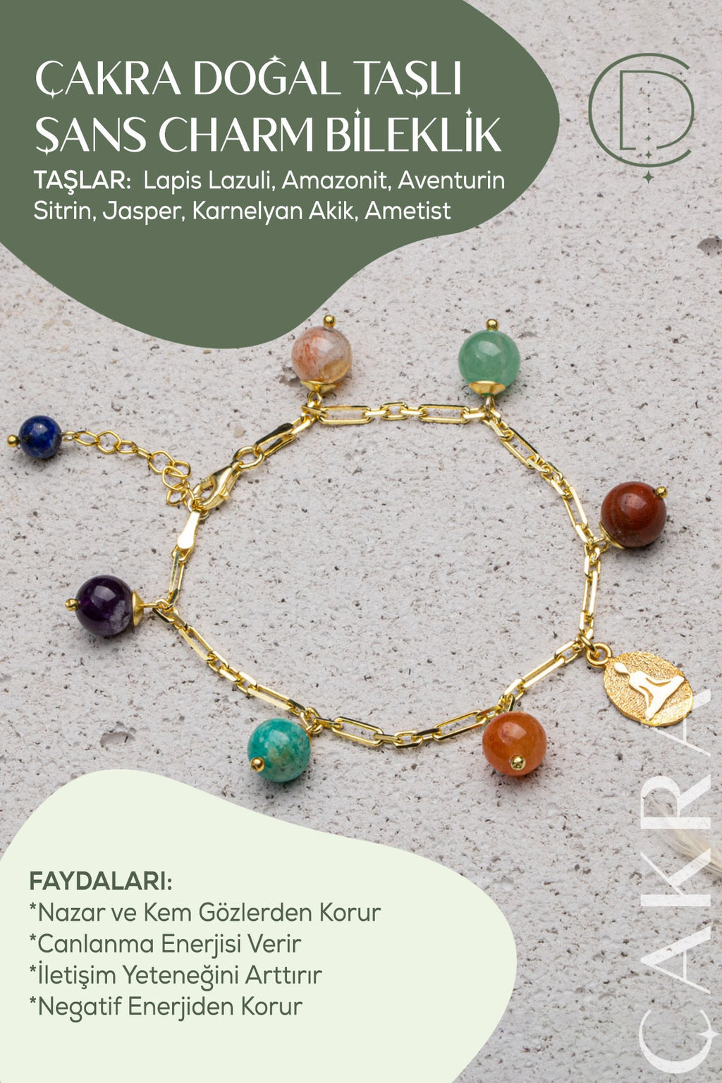 925 Ayar Gümüş Doğal Taşlı Charm Bilekliği (ŞANS BİLEKLİĞİ) — görsel 1