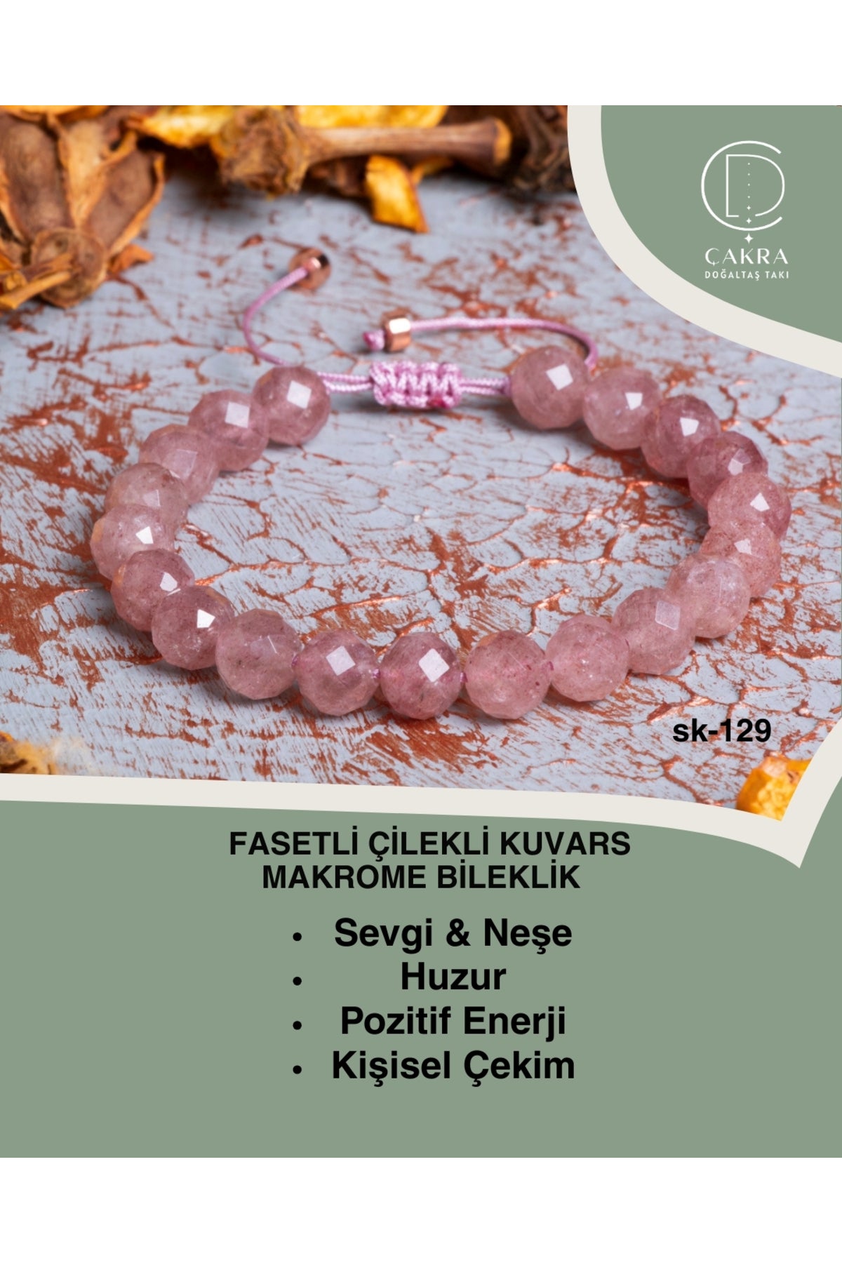 Fasetli Çilekli Kuvars Makrome Bileklik — görsel 1