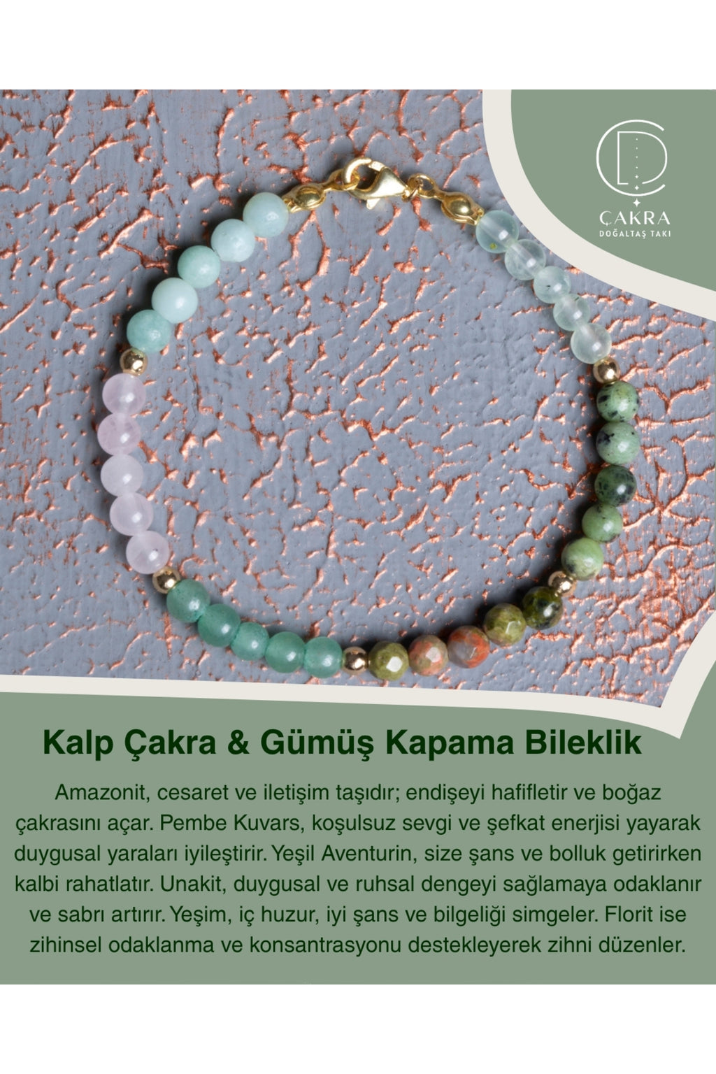 Kalp Çakra & Gümüş Kapama Bileklik — görsel 1