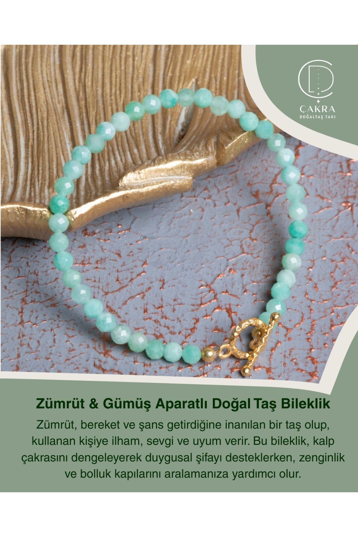 Zümrüt & Gümüş Aparatlı Doğal Taş Bileklik — görsel 1