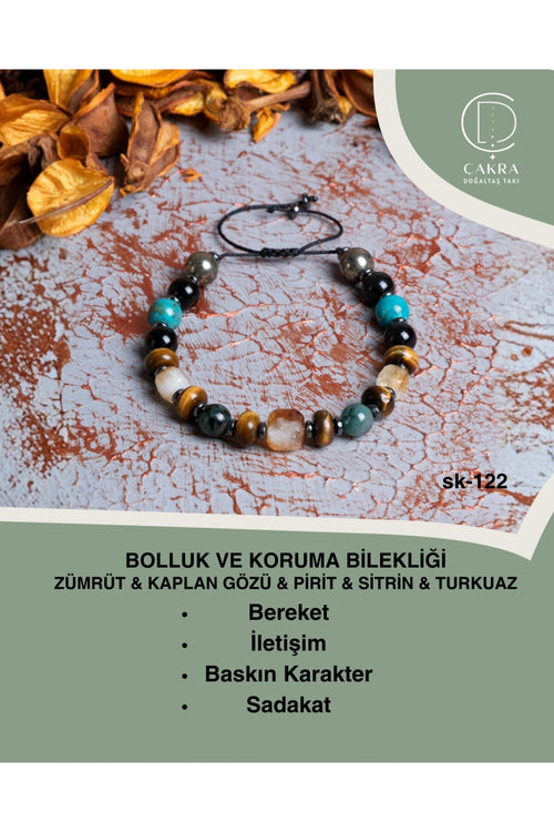 Bolluk ve Koruma Bilekliği Zümrüt & Kaplan Gözü & Pirit & Sitrin & Turkuaz — görsel 1