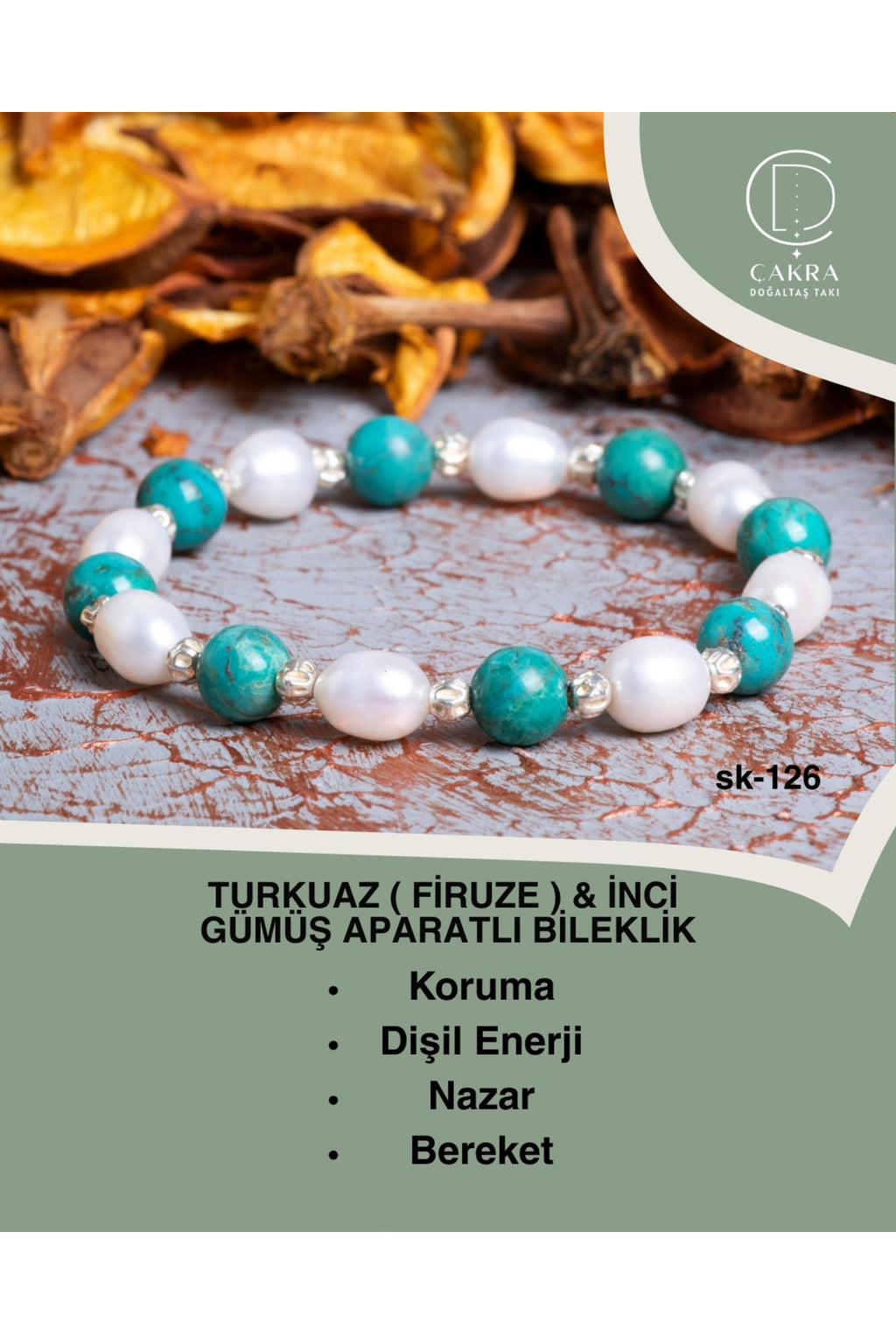 Turkuaz (Firuze) & İnci Gümüş Aparatlı Bileklik — görsel 1