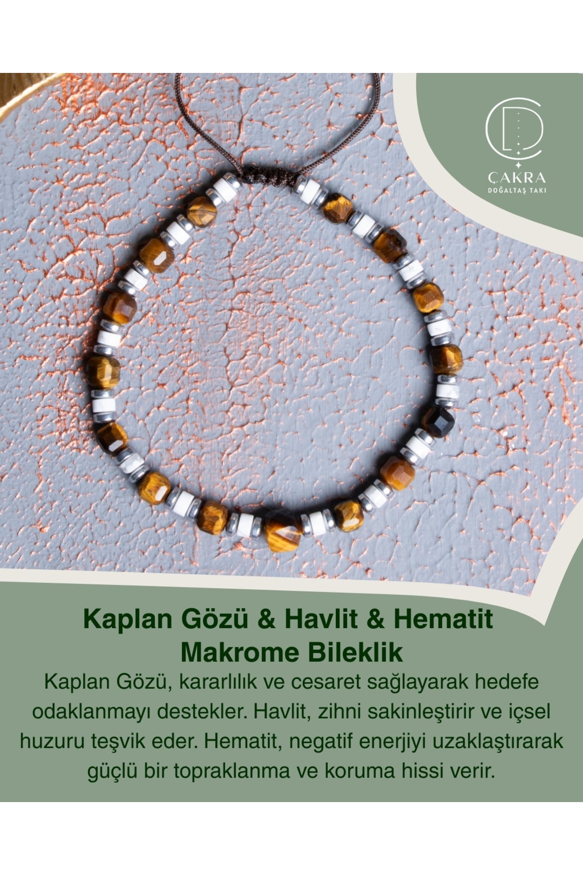 Kaplan Gözü & Havlit & Hematit Makrome Bileklik — görsel 1