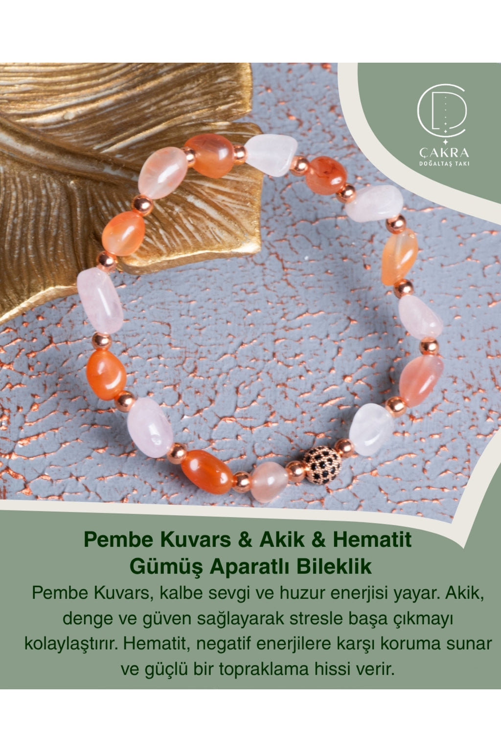 Pembe Kuvars & Akik & Hematit Gümüş Aparatlı Bileklik — görsel 1