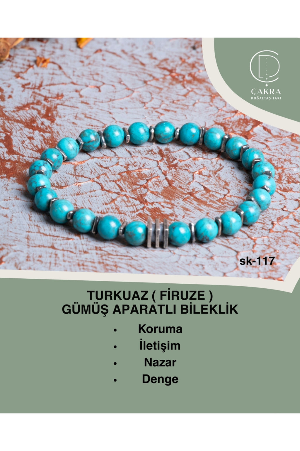 Turkuaz (Firuze) Gümüş Aparatlı Bileklik — görsel 1
