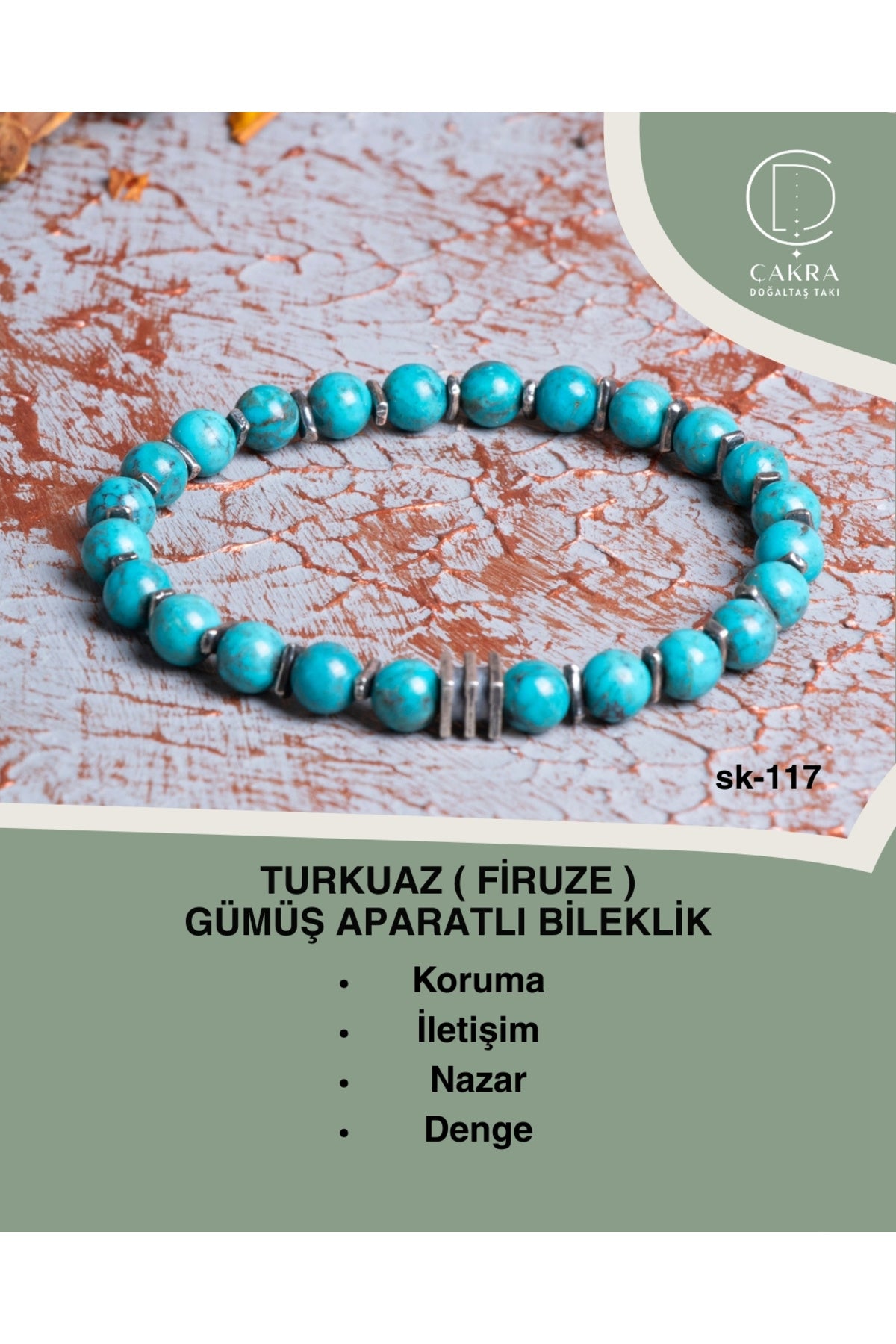 Turkuaz (Firuze) Gümüş Aparatlı Bileklik — görsel 1