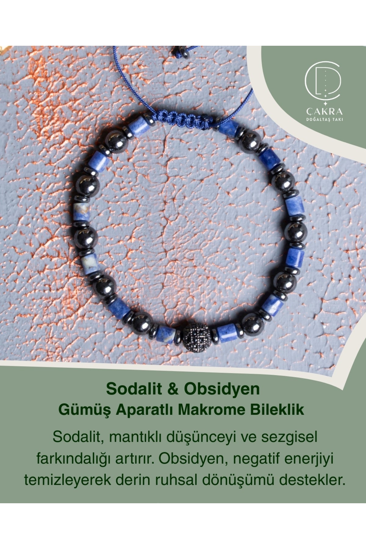 Sodalit & Obsidyen Gümüş Aparatlı Makrome Bileklik — görsel 1