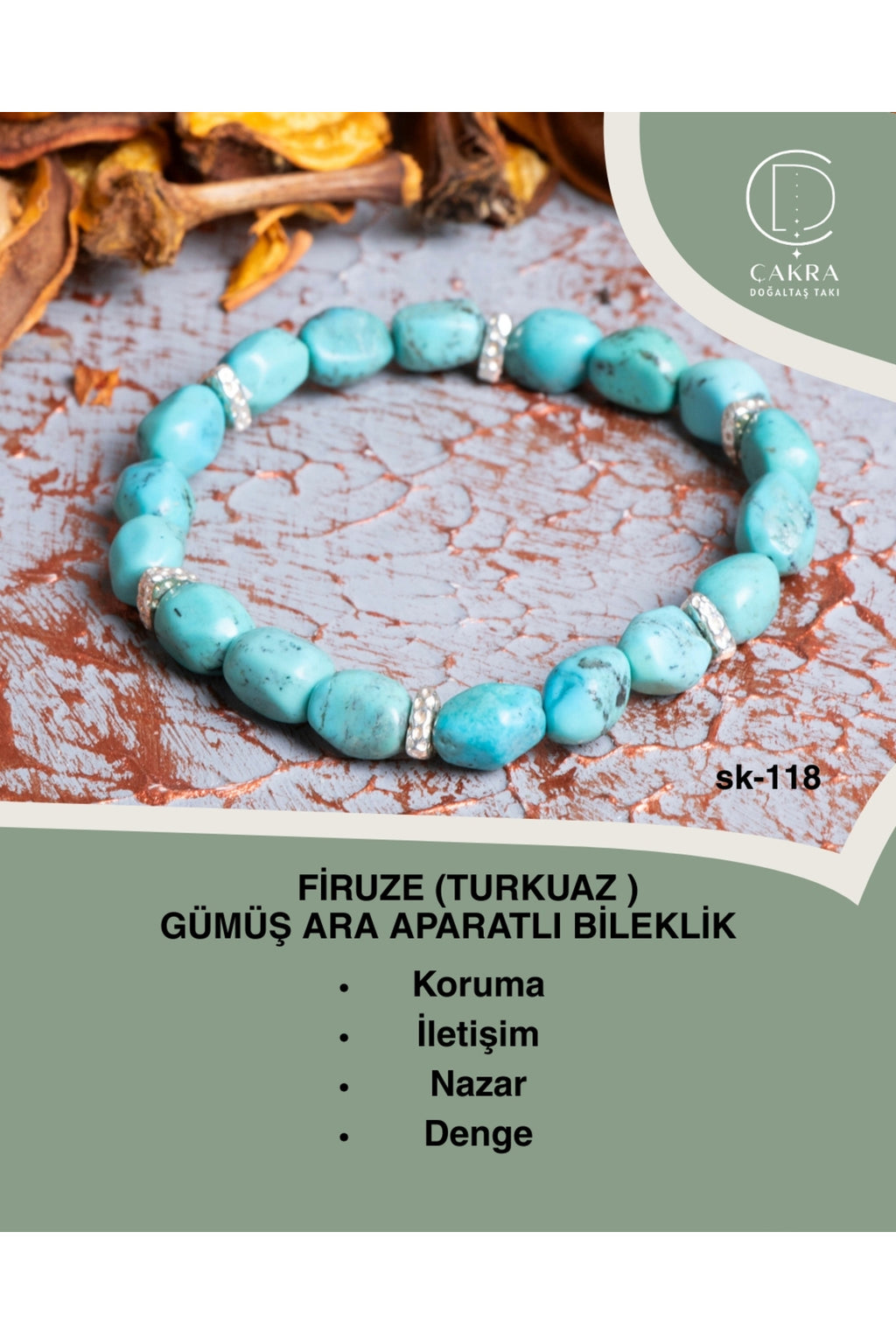 Firuze (Turkuaz) Gümüş Aparatlı Bileklik — görsel 1