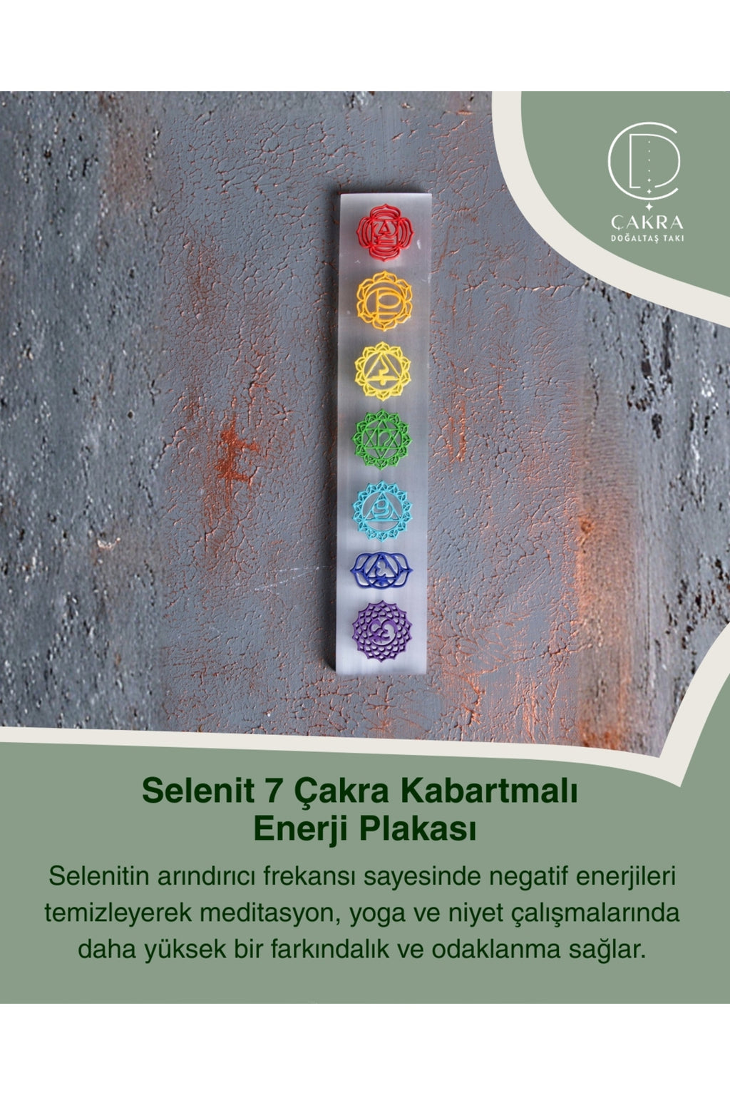 Selenit 7 Çakra Kabartmalı Enerji Plakası — görsel 1
