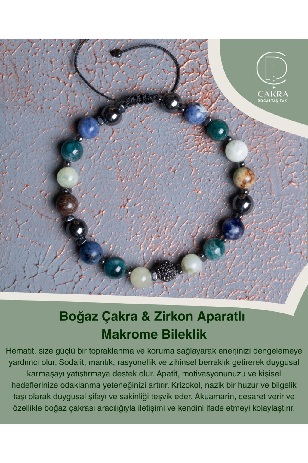 Boğaz Çakra & Zirkon Aparatlı Makrome Bileklik — görsel 1