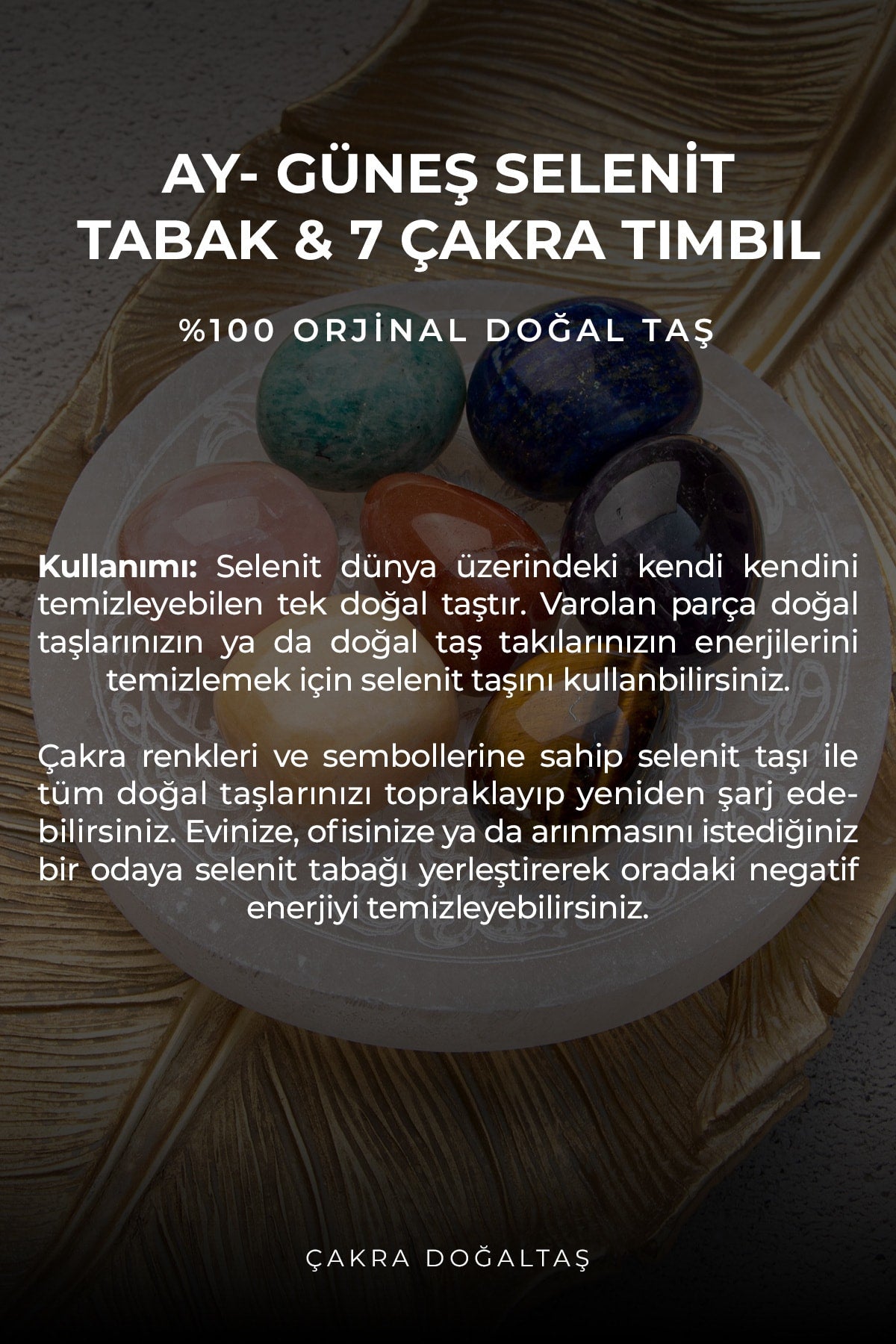 Ay Güneş Selenit Doğal Taş & 7 Çakra Tımbıl (avuç Taşı) Arındırma Şifalandırma Seti — görsel 2