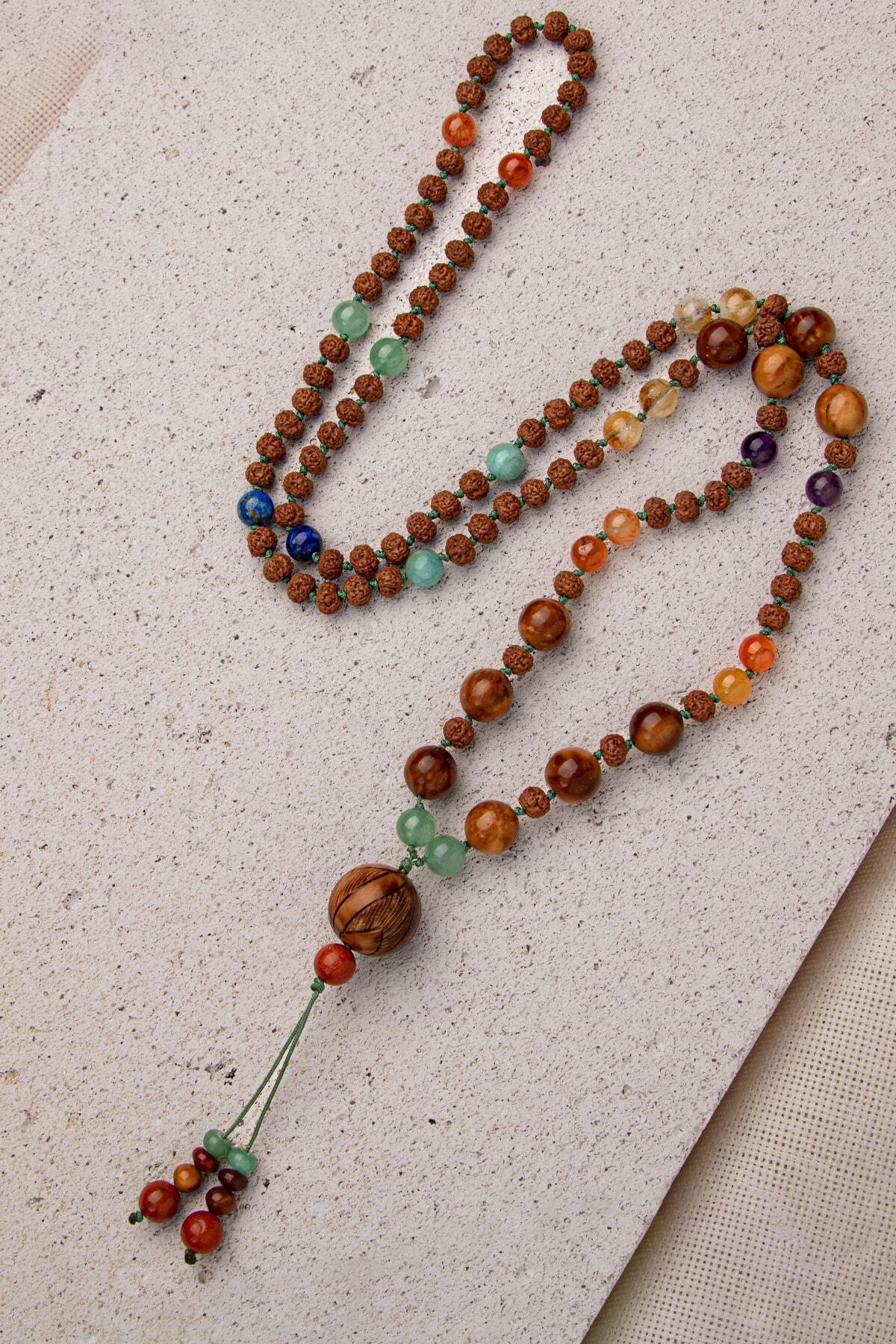 Kuka, Rudraksha, Akik, Lapis Lazuli, Aventurin, Ametist Doğal Taşlı 108 Çakra Mala- Uzun Kolye — görsel 2