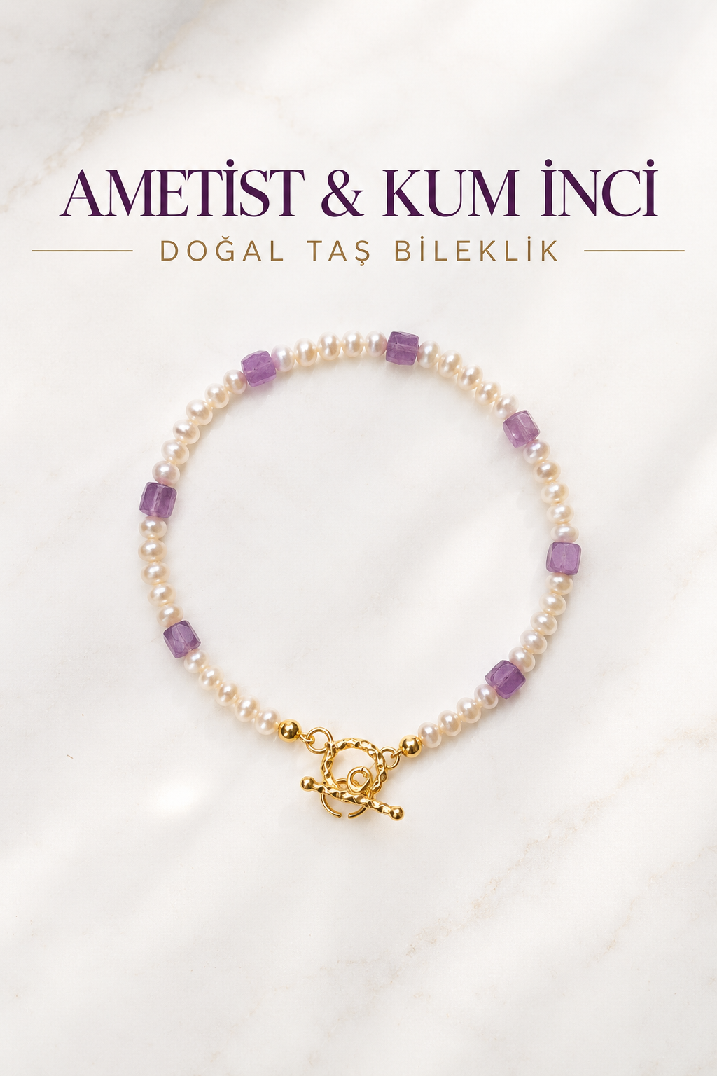 Ametist & Kum İnci & Gümüş Aparatlı Bileklik