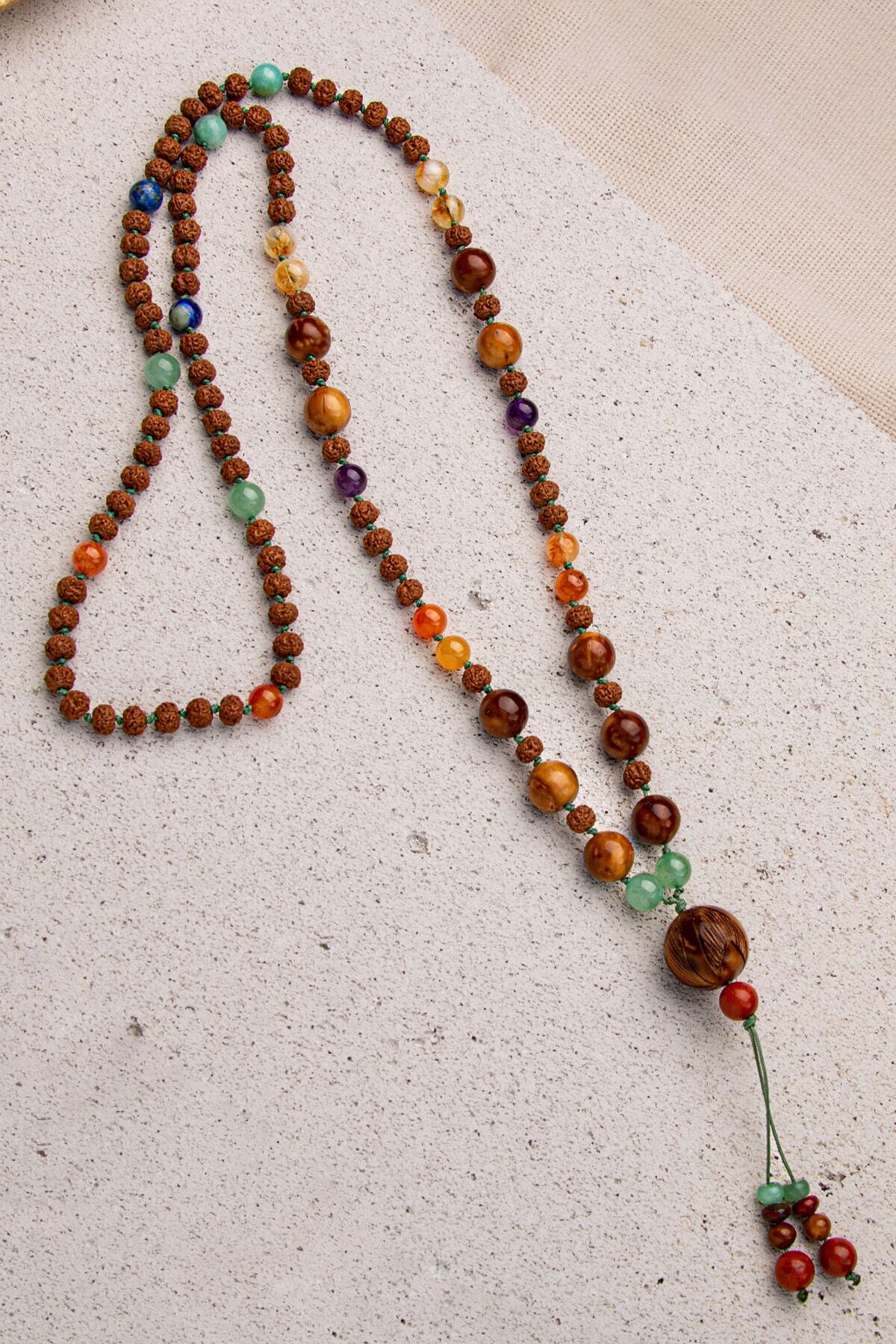 Kuka, Rudraksha, Akik, Lapis Lazuli, Aventurin, Ametist Doğal Taşlı 108 Çakra Mala- Uzun Kolye — görsel 4