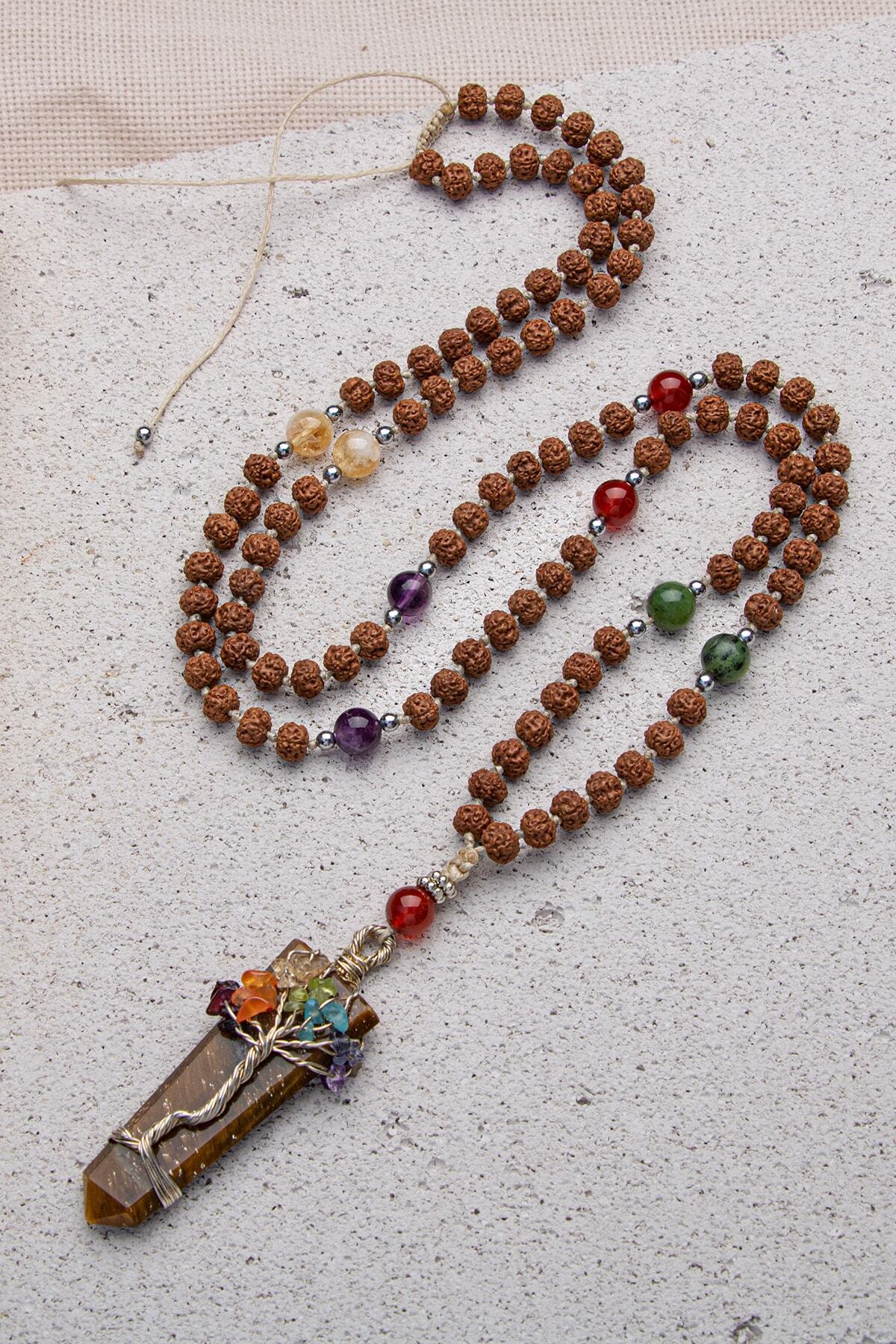 Hayat Ağacı Motifli Kaplan Gözü Uçlu Rudraksha 108 Çakra Mala- Uzun Kolye — görsel 4