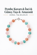 Pembe Kuvars & İnci & Güneş Taşı & Amazonit Gümüş Aparatlı Bileklik
