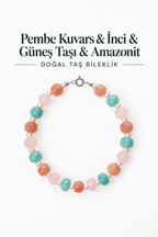 Pembe Kuvars & İnci & Güneş Taşı & Amazonit Gümüş Aparatlı Bileklik