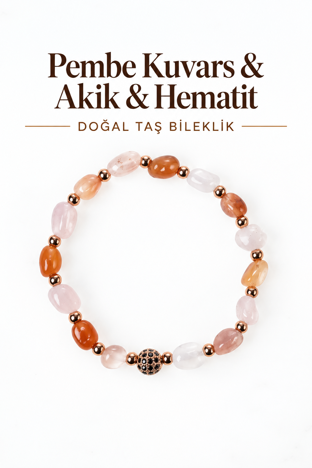 Pembe Kuvars & Akik & Hematit Gümüş Aparatlı Bileklik
