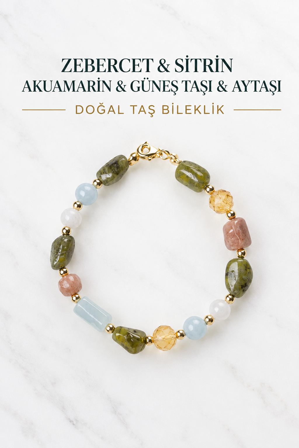 Zebercet & Sitrin & Akumarin & Güneş Taşı Aytaşı & Gümüş Aparatlı Bileklik