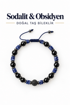 Sodalit & Obsidyen Gümüş Aparatlı Makrome Bileklik