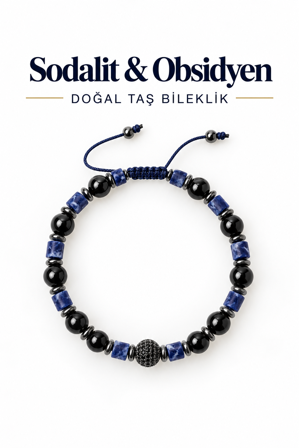 Sodalit & Obsidyen Gümüş Aparatlı Makrome Bileklik