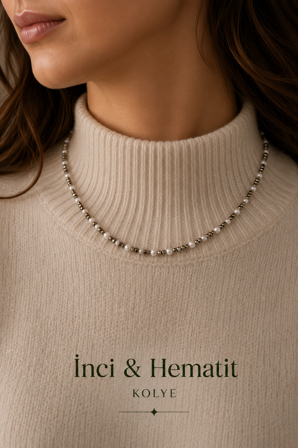 İnci & Hematit Gümüş Aparatlı Kolye
