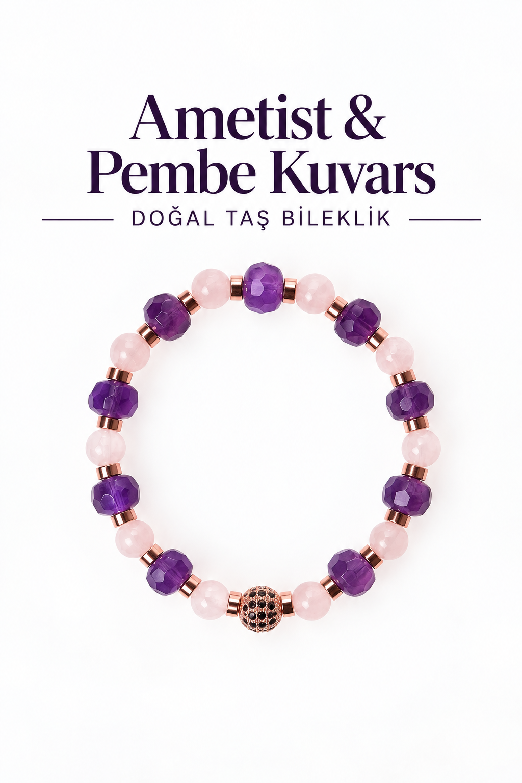 Ametist & Pembe Kuvars Gümüş Aparatlı Bileklik