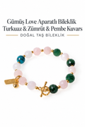 Gümüş Love Aparatlı Bileklik — Turkuaz, Zümrüt ve Pembe Kuvars