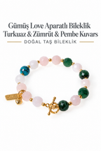 Gümüş Love Aparatlı Bileklik — Turkuaz, Zümrüt ve Pembe Kuvars