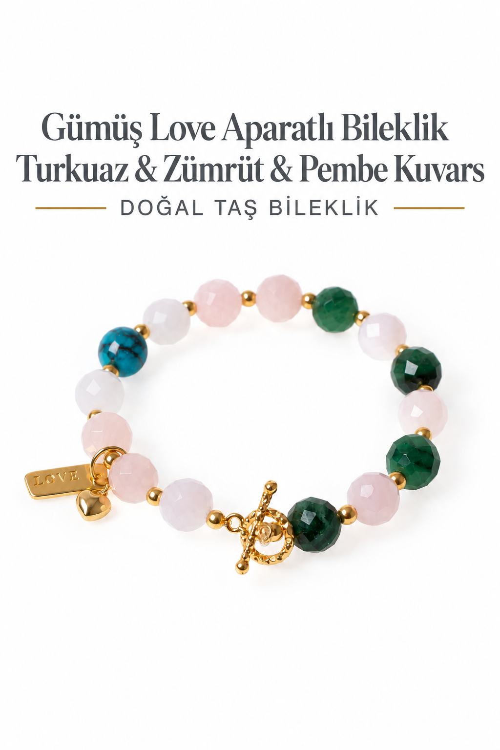 Gümüş Love Aparatlı Bileklik — Turkuaz, Zümrüt ve Pembe Kuvars
