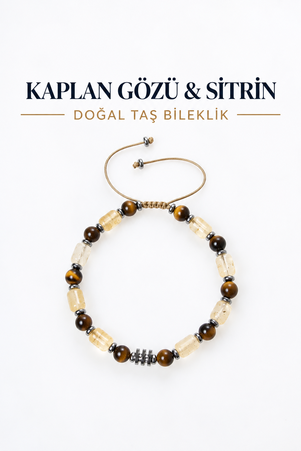 Kaplan Gözü & Sitrin Gümüş Aparatlı Makrome Bileklik