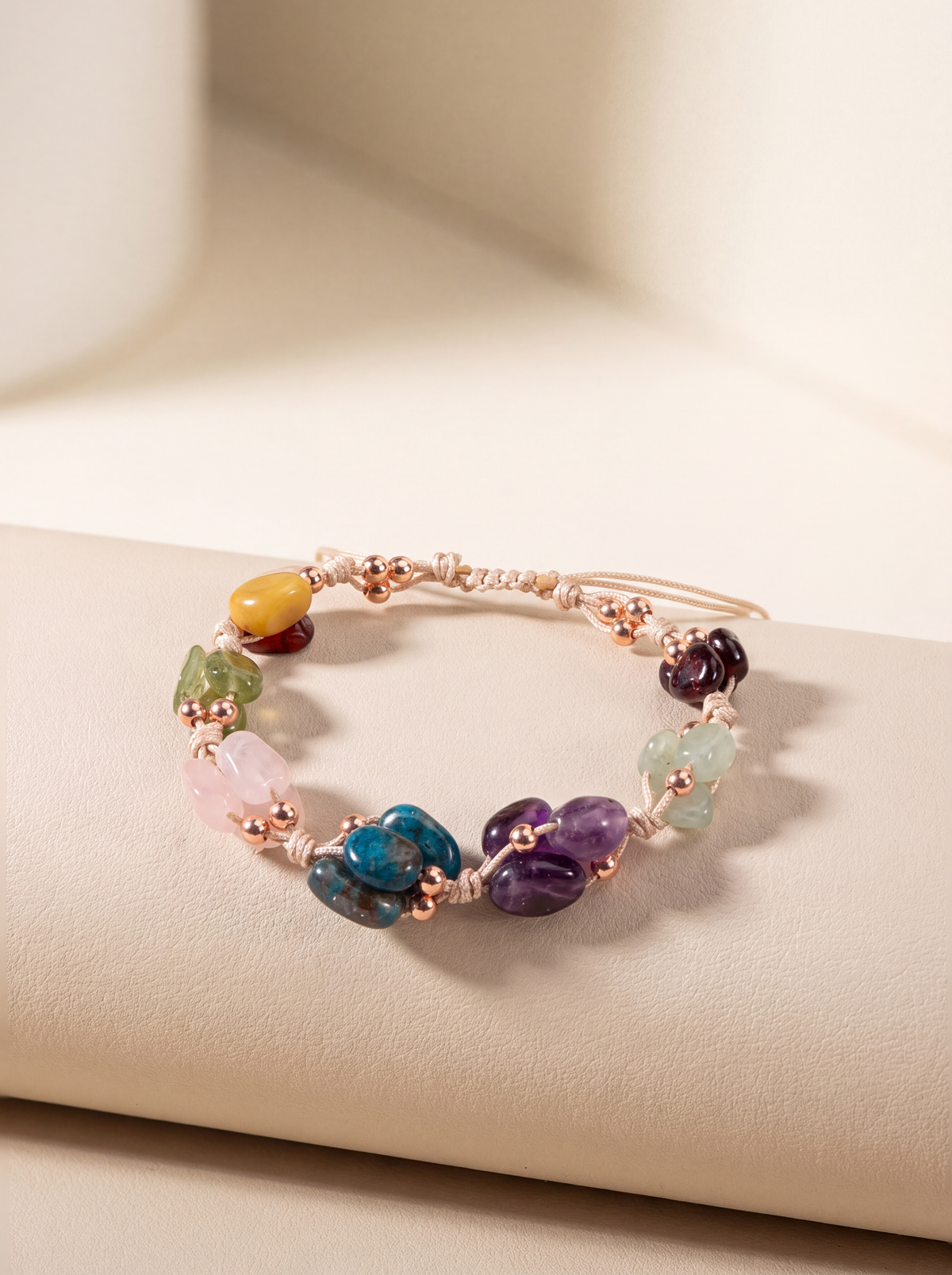 Başak Burcu Doğal Taş Makrome Bileklik - Ametist, Bordo Granat Lal, Jasper, Mavi Apatit, Pembe Kuvars, Yeşil Aventurin, Zebercet (Peridot)