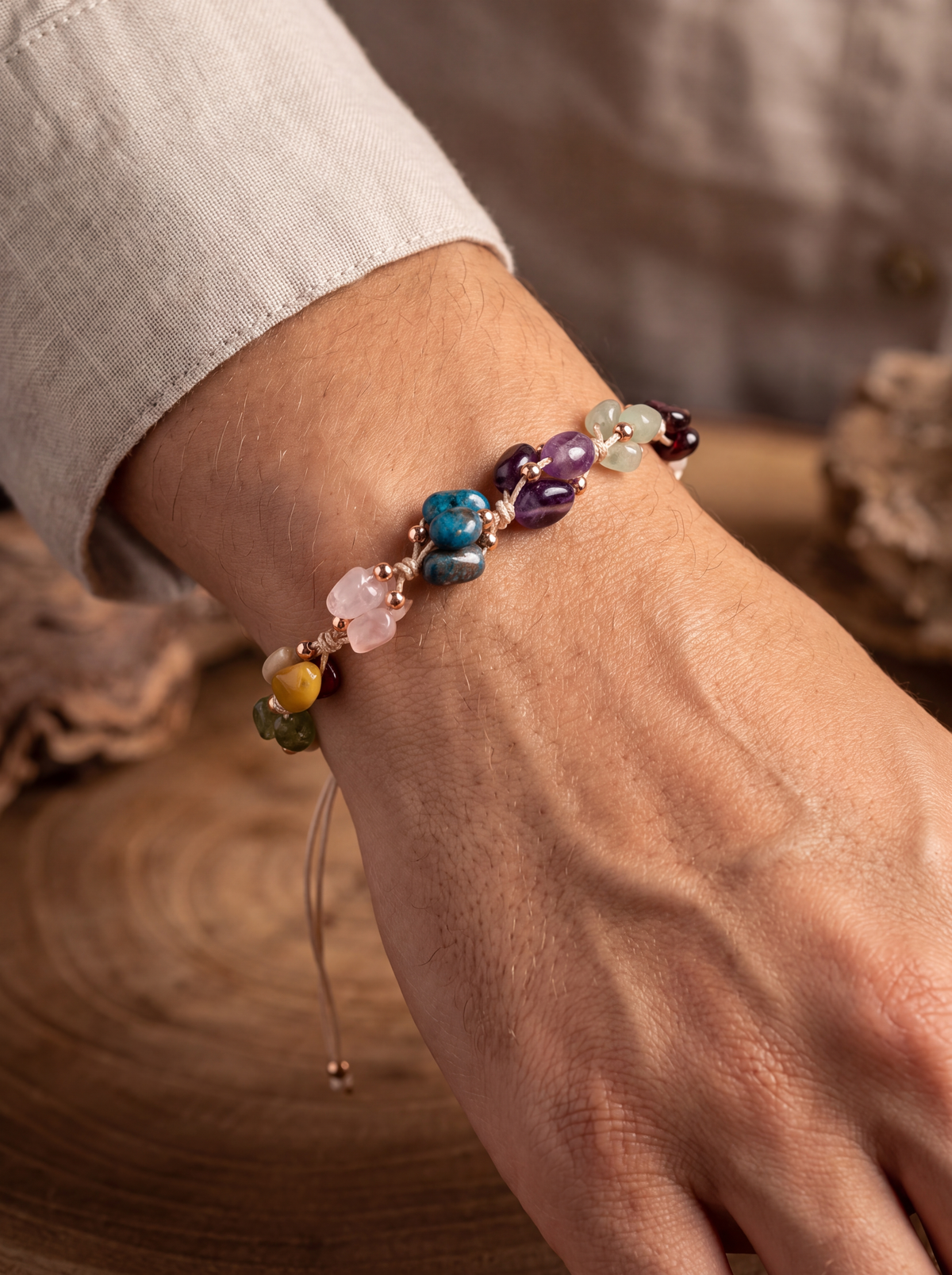 Başak Burcu Doğal Taş Makrome Bileklik - Ametist, Bordo Granat Lal, Jasper, Mavi Apatit, Pembe Kuvars, Yeşil Aventurin, Zebercet (Peridot)